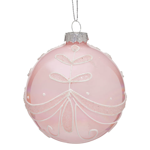 Christabelle Box of 6 Pink Glass Baubles with Glitter Floral Pattern