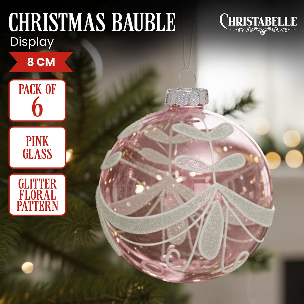 Christabelle Box of 6 Pink Glass Baubles with Sparkle Floral Pattern