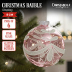 Christabelle Box of 6 Pink Glass Baubles with Sparkle Floral Pattern