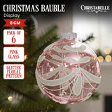 Christabelle Box of 6 Pink Glass Baubles with Glitter Floral Pattern