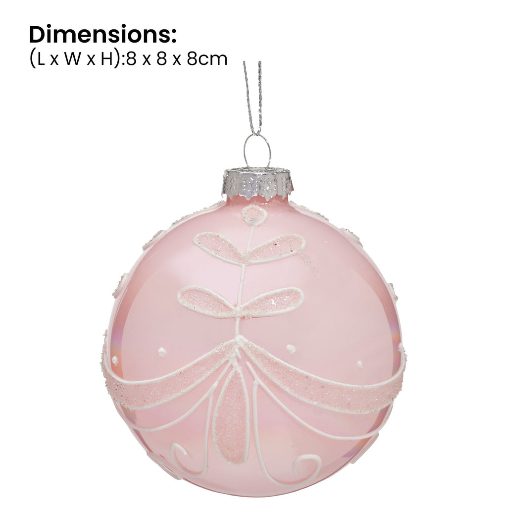 Christabelle Box of 6 Pink Glass Baubles with Glitter Floral Pattern