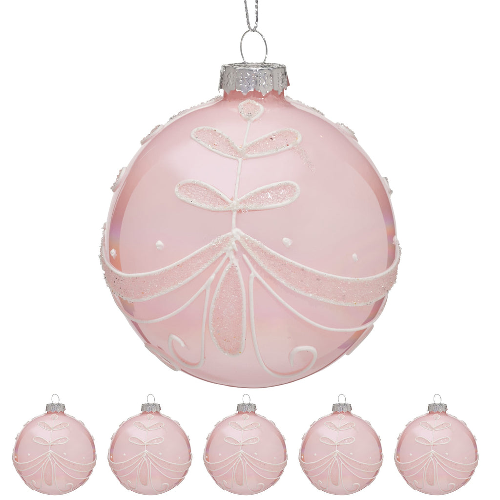 Christabelle Box of 6 Pink Glass Baubles with Sparkle Floral Pattern
