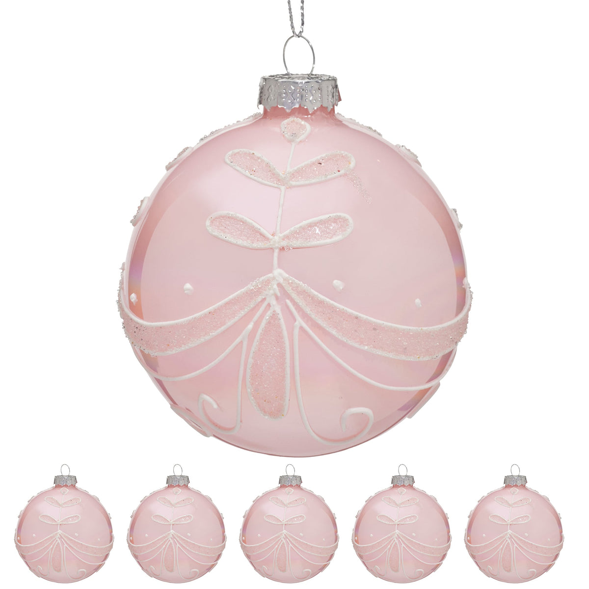 Christabelle Box of 6 Pink Glass Baubles with Sparkle Floral Pattern