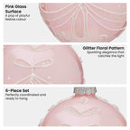 Christabelle Box of 6 Pink Glass Baubles with Glitter Floral Pattern