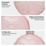 Christabelle Box of 6 Pink Glass Baubles with Glitter Floral Pattern