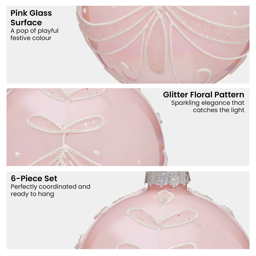Christabelle Box of 6 Pink Glass Baubles with Sparkle Floral Pattern