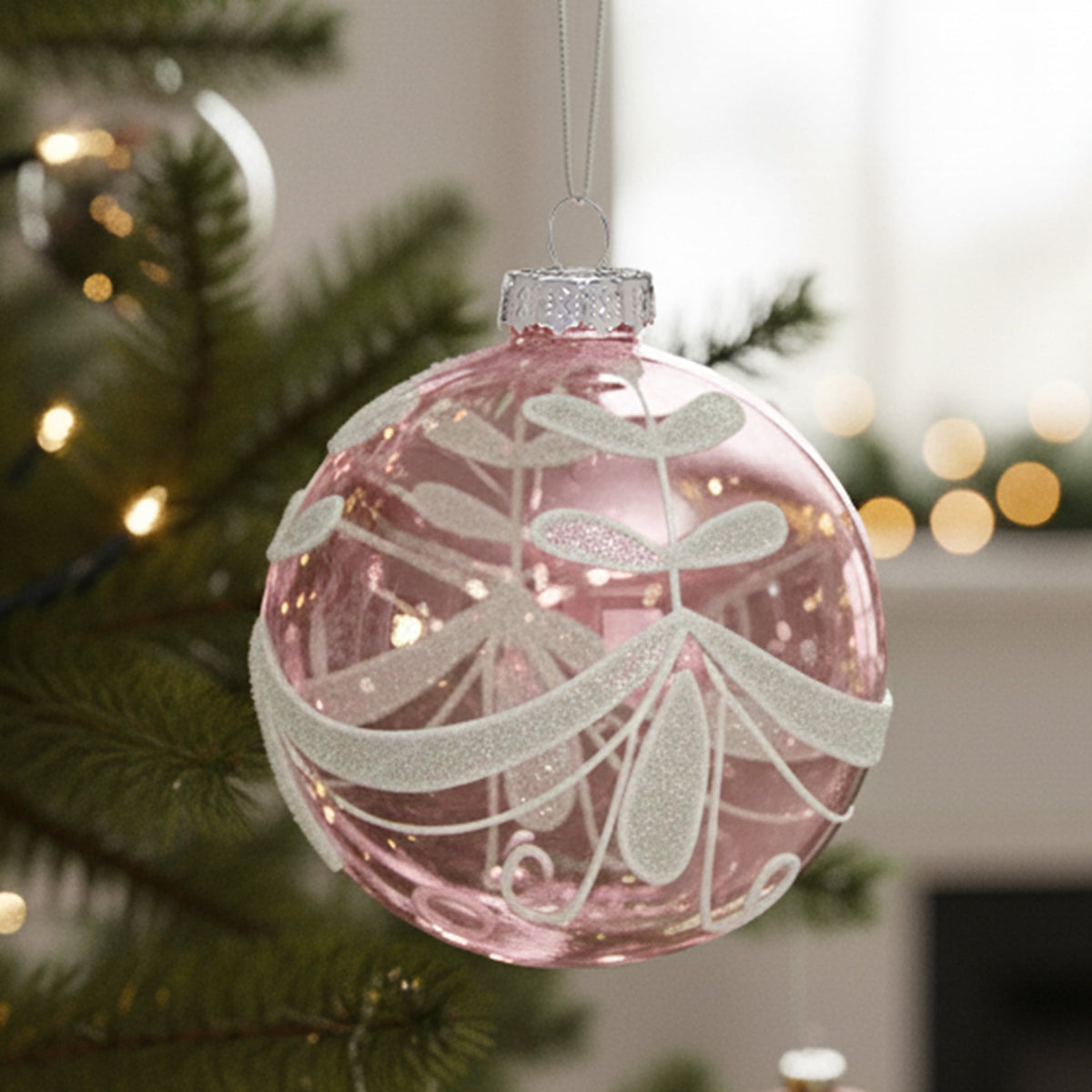 Christabelle Box of 6 Pink Glass Baubles with Sparkle Floral Pattern