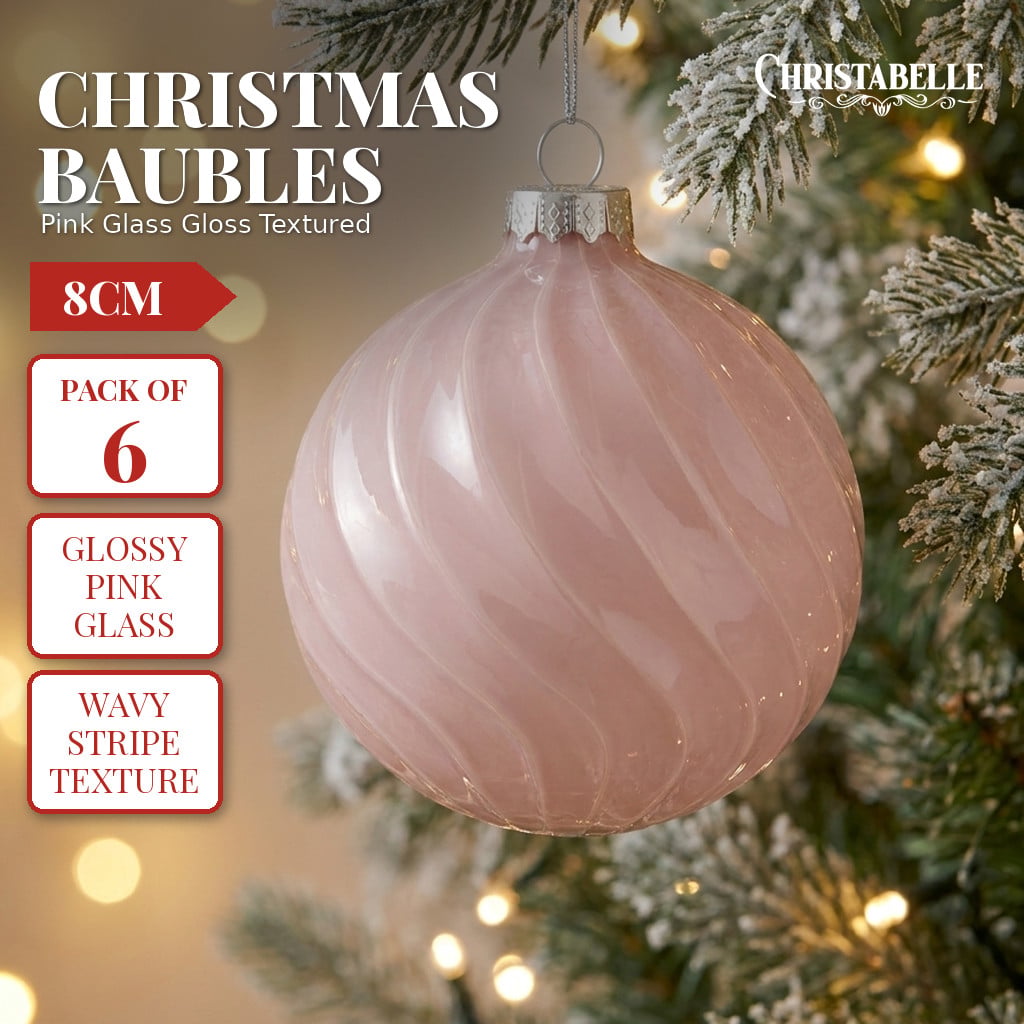 Christabelle 6 Pink Glass Christmas Baubles Gloss Textured 8cm Xmas Tree Decorations Hanging Ornaments Gift Boxed Set