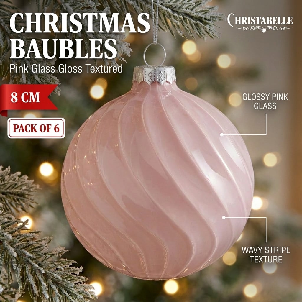 Christabelle 6 Pink Glass Christmas Baubles Gloss Textured 8cm Xmas Tree Decorations Hanging Ornaments Gift Boxed Set
