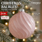 Christabelle 6 Pink Glass Christmas Baubles Gloss Textured 8cm Xmas Tree Decorations Hanging Ornaments Gift Boxed Set