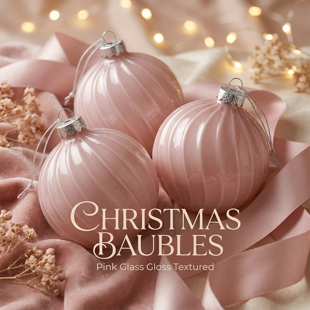Christabelle 6 Pink Glass Christmas Baubles Gloss Textured 8cm Xmas Tree Decorations Hanging Ornaments Gift Boxed Set
