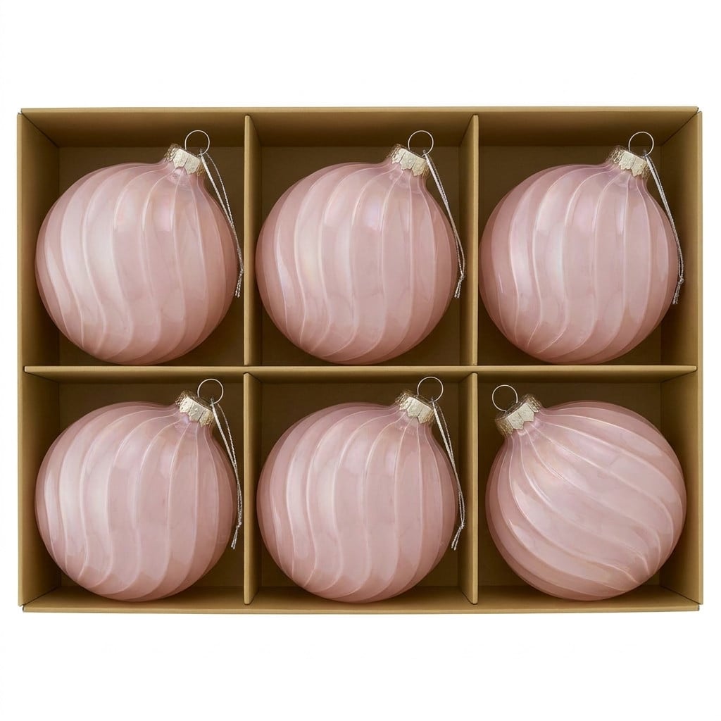 Christabelle 6 Pink Glass Christmas Baubles Gloss Textured 8cm Xmas Tree Decorations Hanging Ornaments Gift Boxed Set
