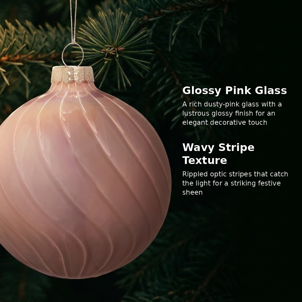 Christabelle 6 Pink Glass Christmas Baubles Gloss Textured 8cm Xmas Tree Decorations Hanging Ornaments Gift Boxed Set