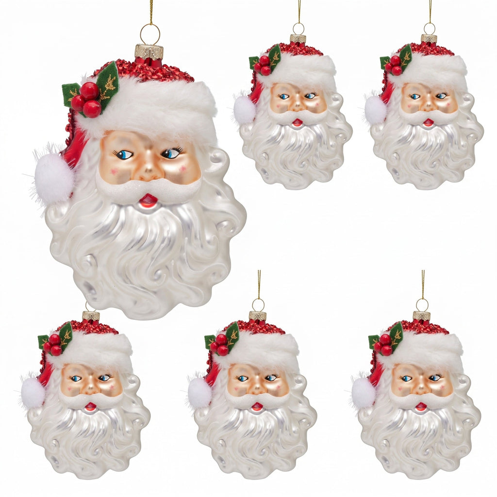 Christabelle 6 Glass Christmas Baubles Santa Head Fur Trim Novelty 13cm Xmas Tree Decorations Hanging Ornaments