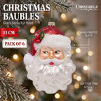 Christabelle 6 Glass Christmas Baubles Santa Head Fur Trim Novelty 13cm Xmas Tree Decorations Hanging Ornaments
