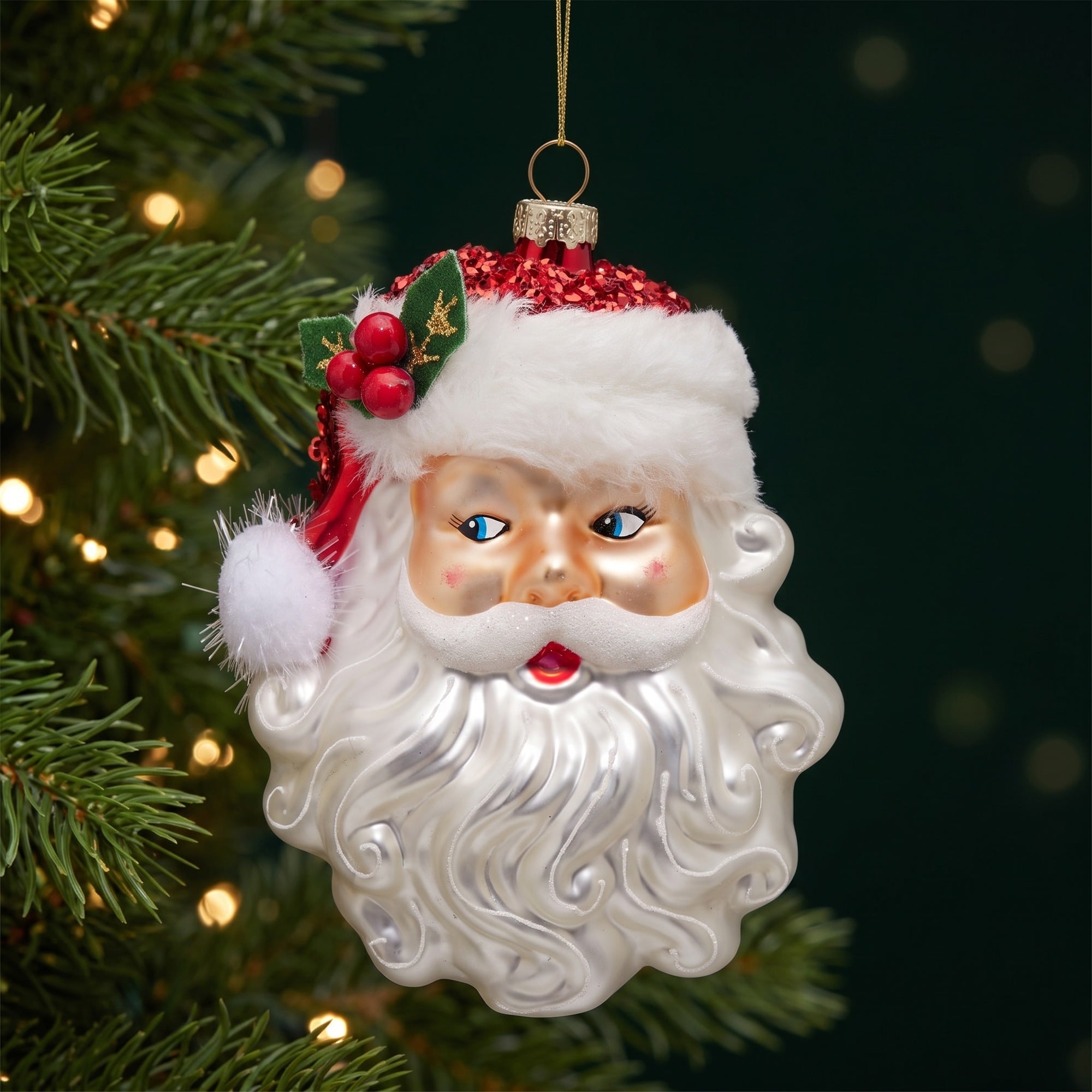 Christabelle 6 Glass Christmas Baubles Santa Head Fur Trim Novelty 13cm Xmas Tree Decorations Hanging Ornaments