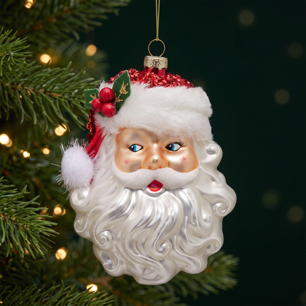 Christabelle 6 Glass Christmas Baubles Santa Head Fur Trim Whimsical 13cm Xmas Tree Decorations Hanging Ornaments