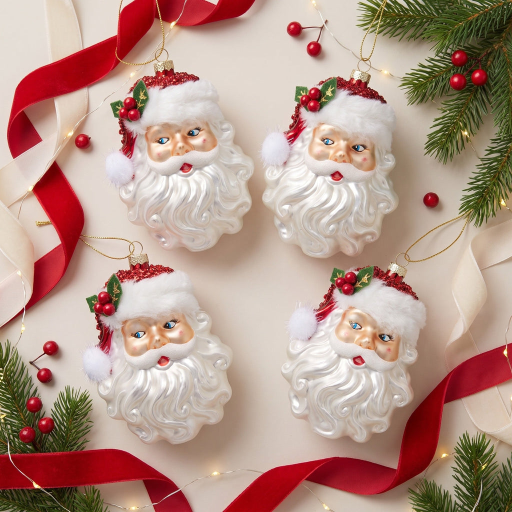 Christabelle 6 Glass Christmas Baubles Santa Head Fur Trim Novelty 13cm Xmas Tree Decorations Hanging Ornaments