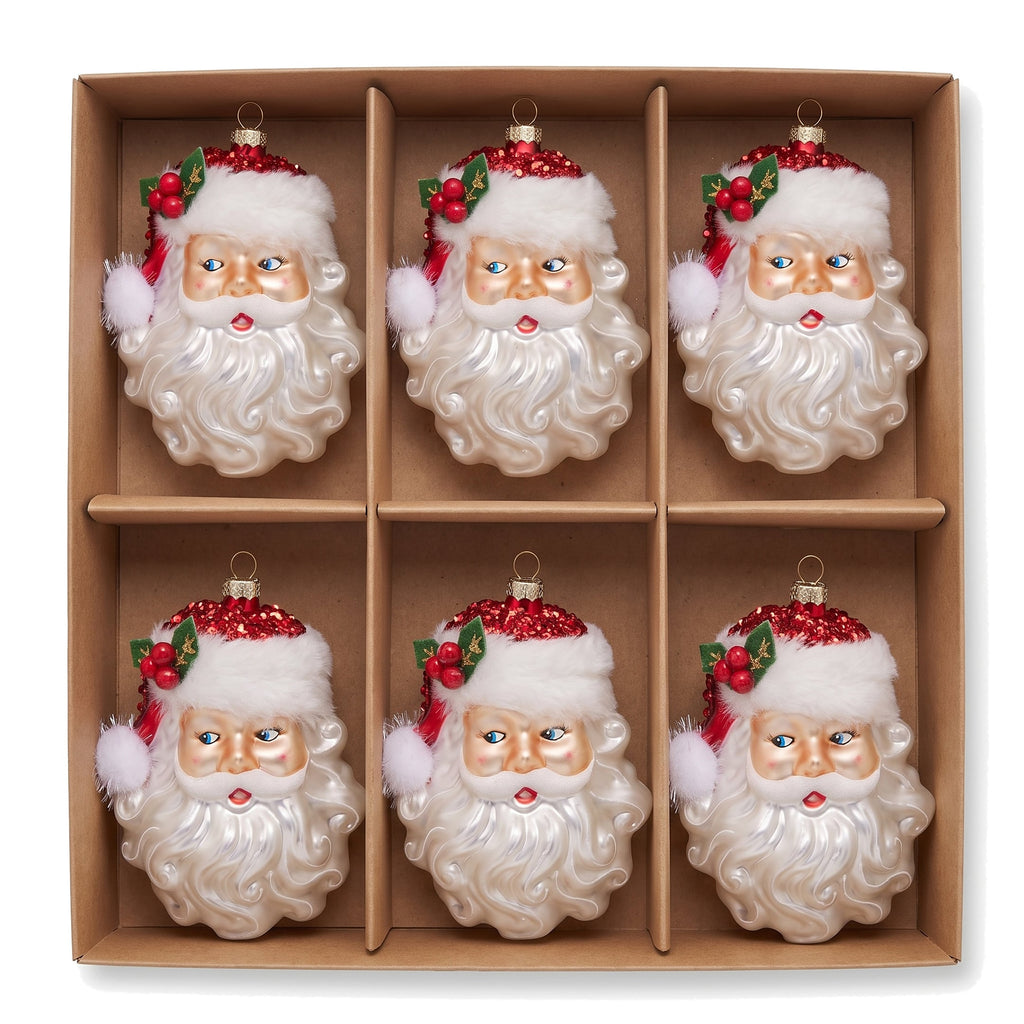 Christabelle 6 Glass Christmas Baubles Santa Head Fur Trim Novelty 13cm Xmas Tree Decorations Hanging Ornaments