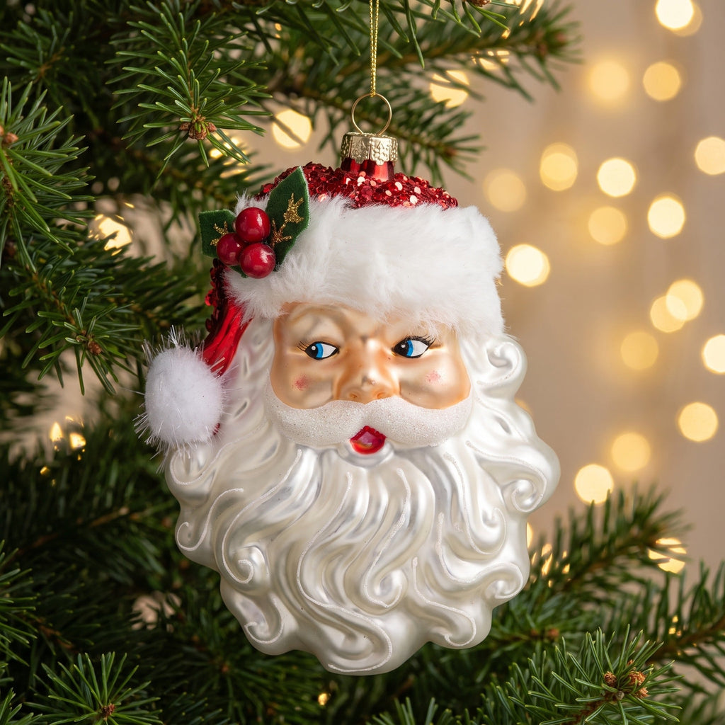Christabelle 6 Glass Christmas Baubles Santa Head Fur Trim Novelty 13cm Xmas Tree Decorations Hanging Ornaments