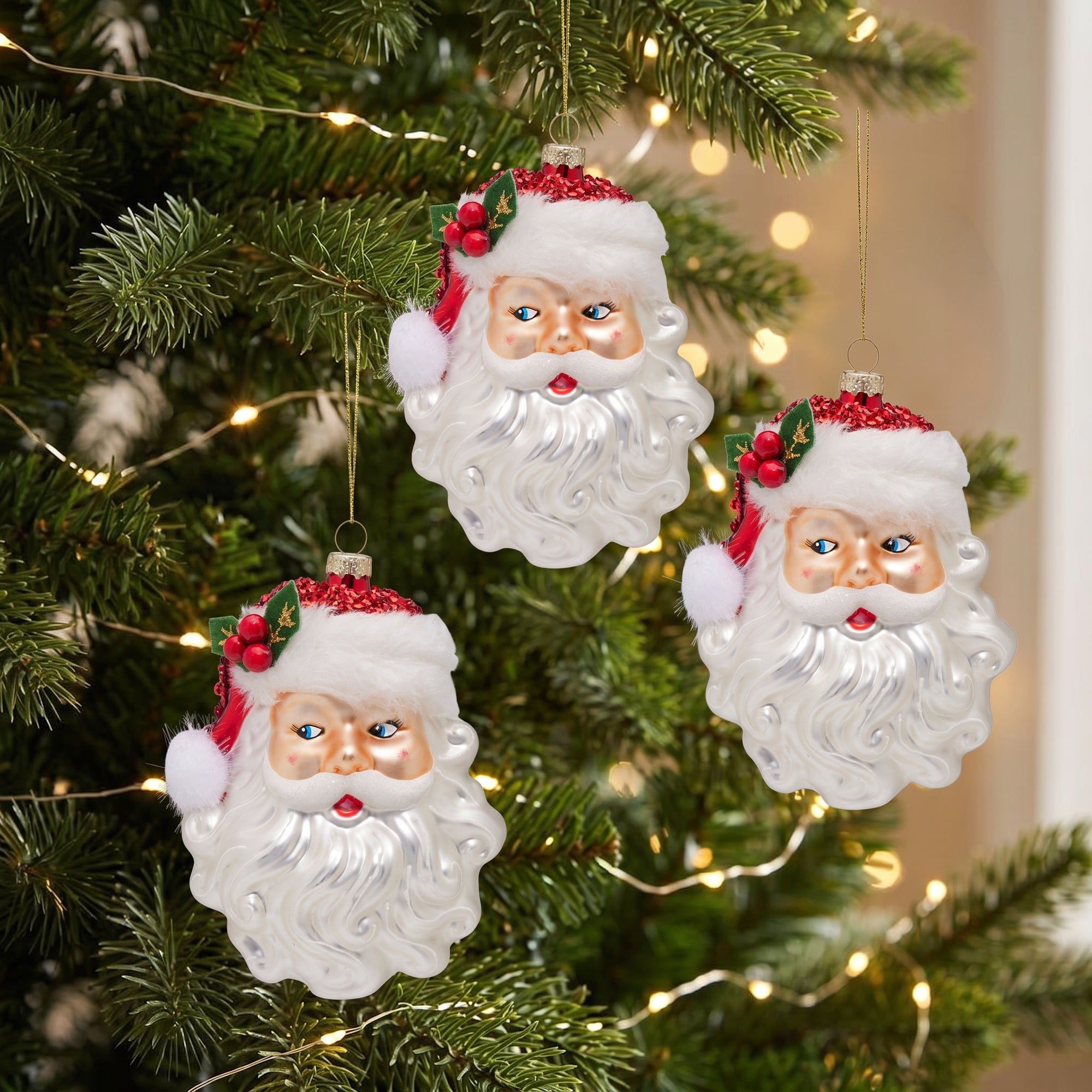 Christabelle 6 Glass Christmas Baubles Santa Head Fur Trim Novelty 13cm Xmas Tree Decorations Hanging Ornaments