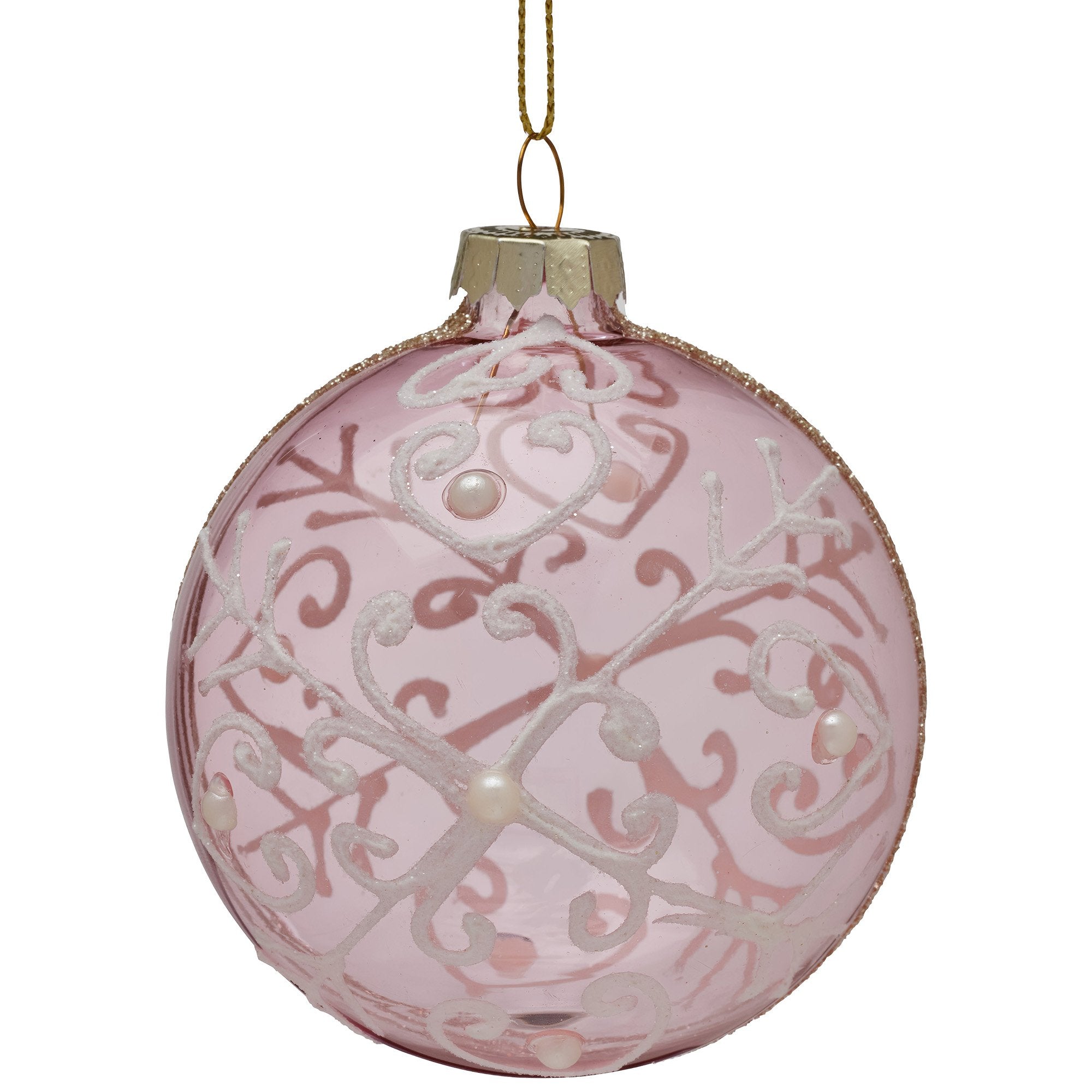 Christabelle Pink Glass Baubles 6Pcs with White Pattern & Pearls Balls Christmas Tree Decoration Ornament
