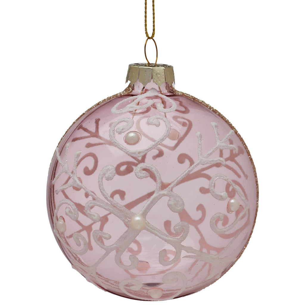 Christabelle Pink Glass Baubles 6Pcs with White Pattern & Pearls Balls Christmas Tree Decoration Ornament
