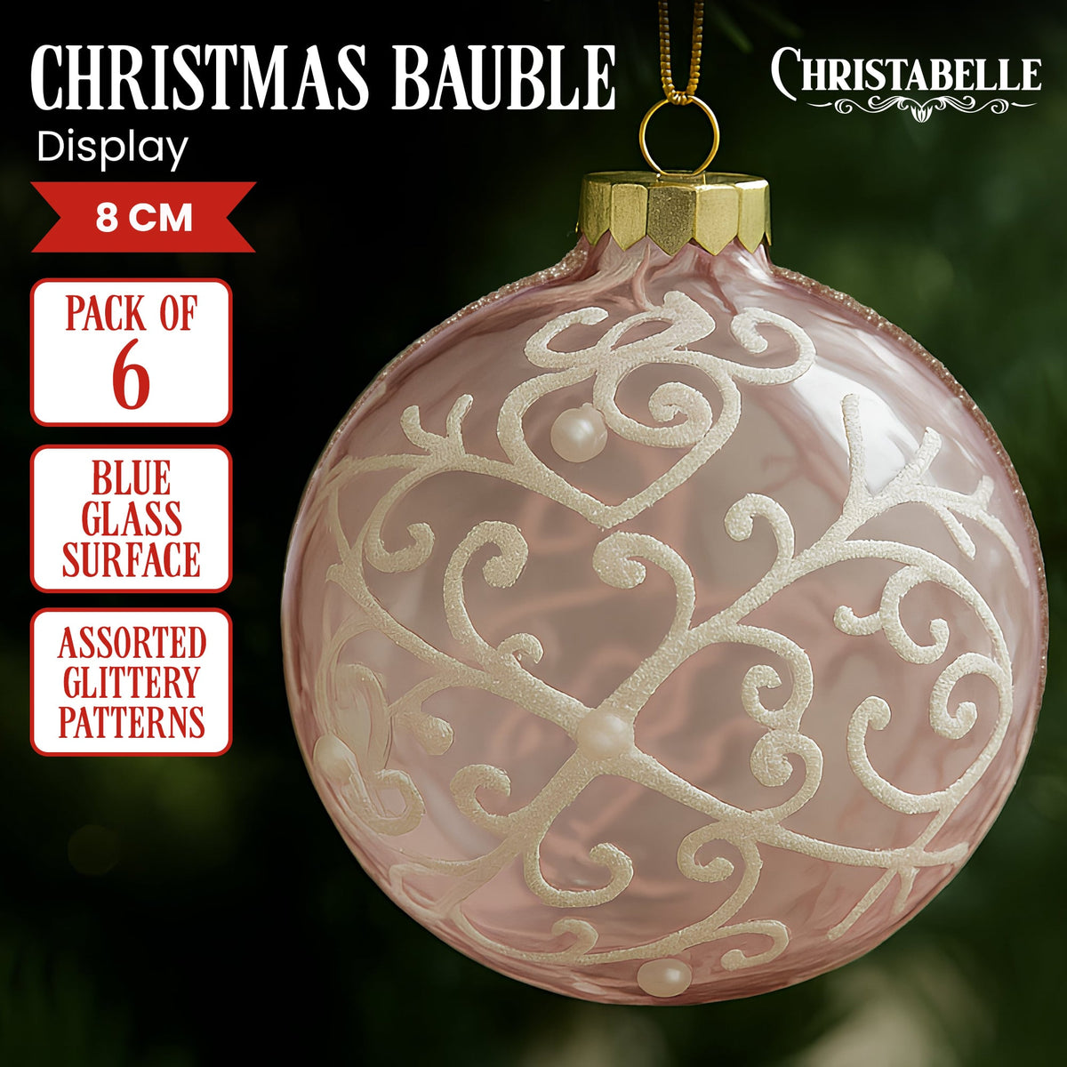 Christabelle Pink Glass Baubles 6Pcs with White Pattern & Pearls Balls Christmas Tree Decoration Ornament