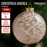 Christabelle Pink Glass Baubles 6Pcs with White Pattern & Pearls Balls Christmas Tree Decoration Ornament