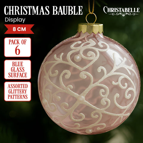 Christabelle Pink Glass Baubles 6Pcs with White Pattern & Pearls Balls Christmas Tree Decoration Ornament
