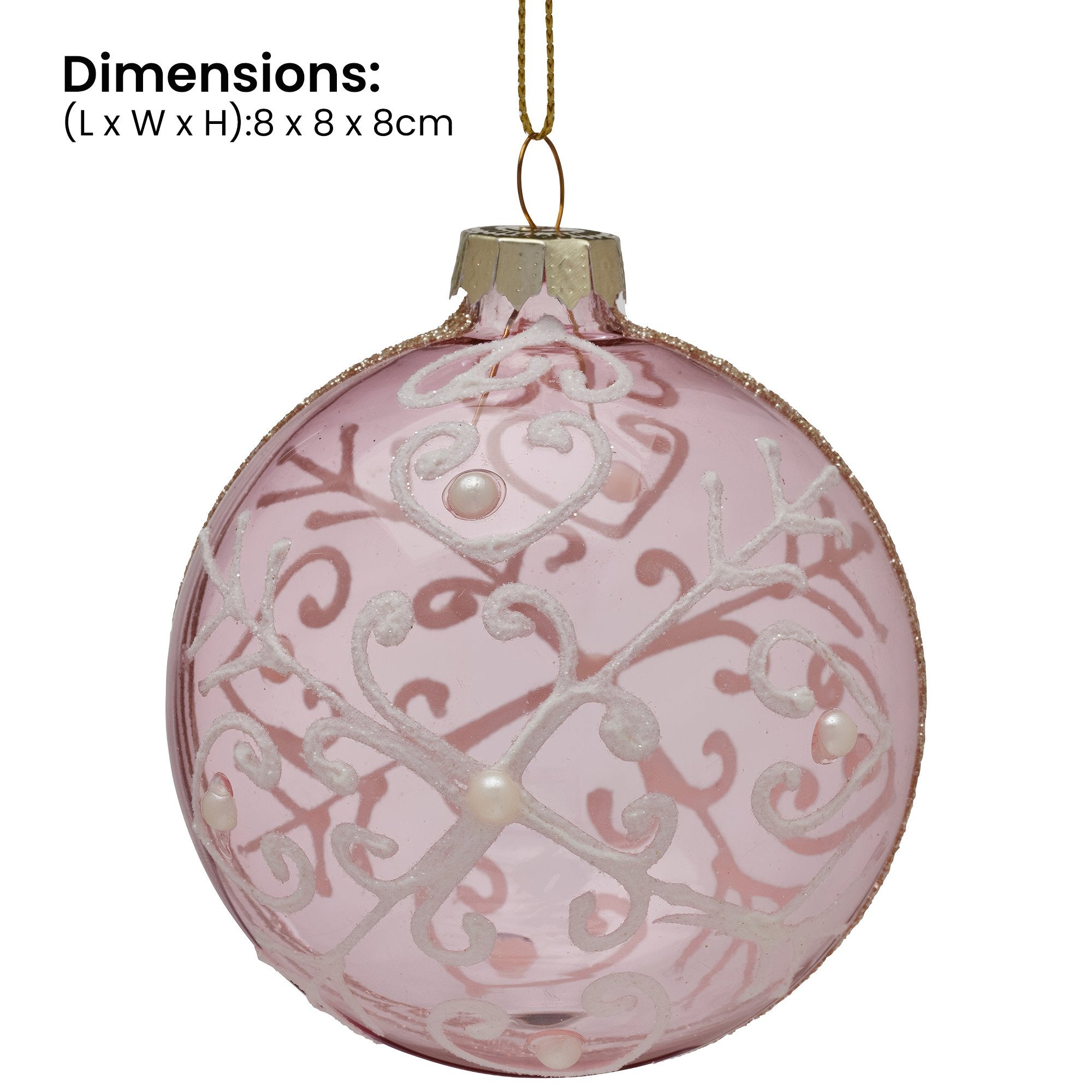 Christabelle Pink Glass Baubles 6Pcs with White Pattern & Pearls Balls Christmas Tree Decoration Ornament