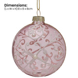 Christabelle Pink Glass Baubles 6Pcs with White Pattern & Pearls Balls Christmas Tree Decoration Ornament