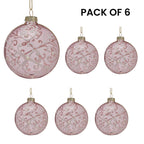 Christabelle Pink Glass Baubles 6Pcs with White Pattern & Pearls Balls Christmas Tree Decoration Ornament