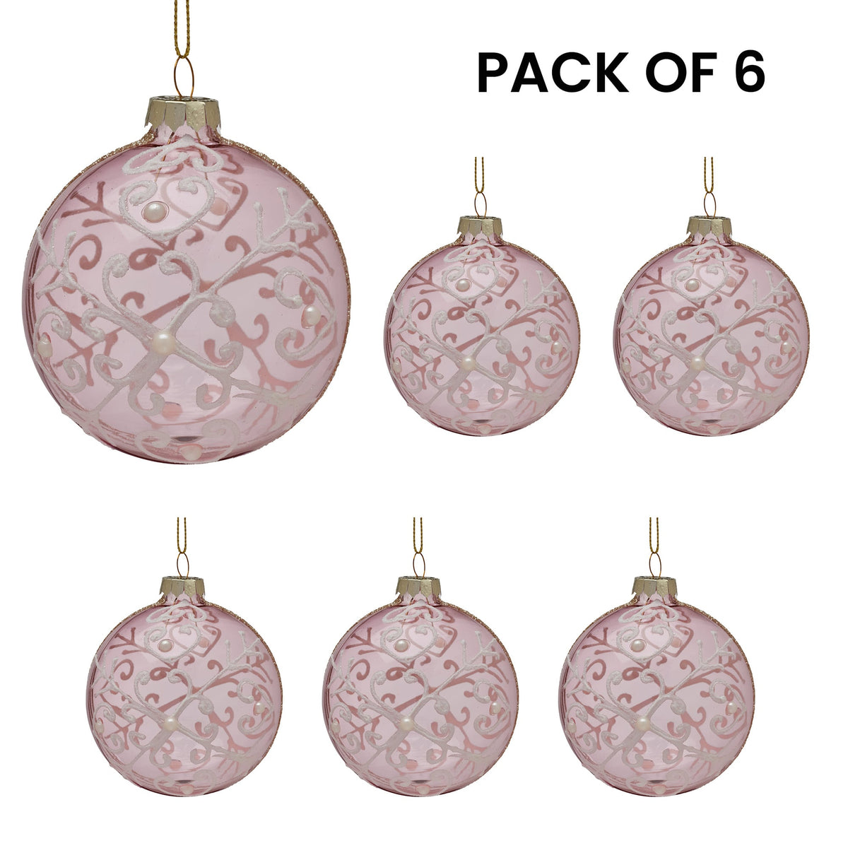 Christabelle Pink Glass Baubles 6Pcs with White Pattern & Pearls Balls Christmas Tree Decoration Ornament