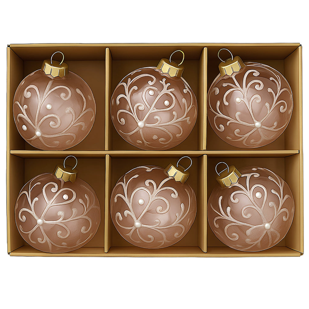 Christabelle Pink Glass Baubles 6Pcs with White Pattern & Pearls Balls Christmas Tree Decoration Ornament