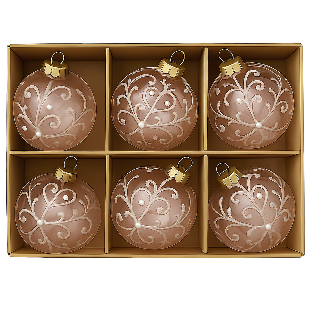 Christabelle Pink Glass Baubles 6Pcs with White Pattern & Pearls Balls Christmas Tree Decoration Ornament