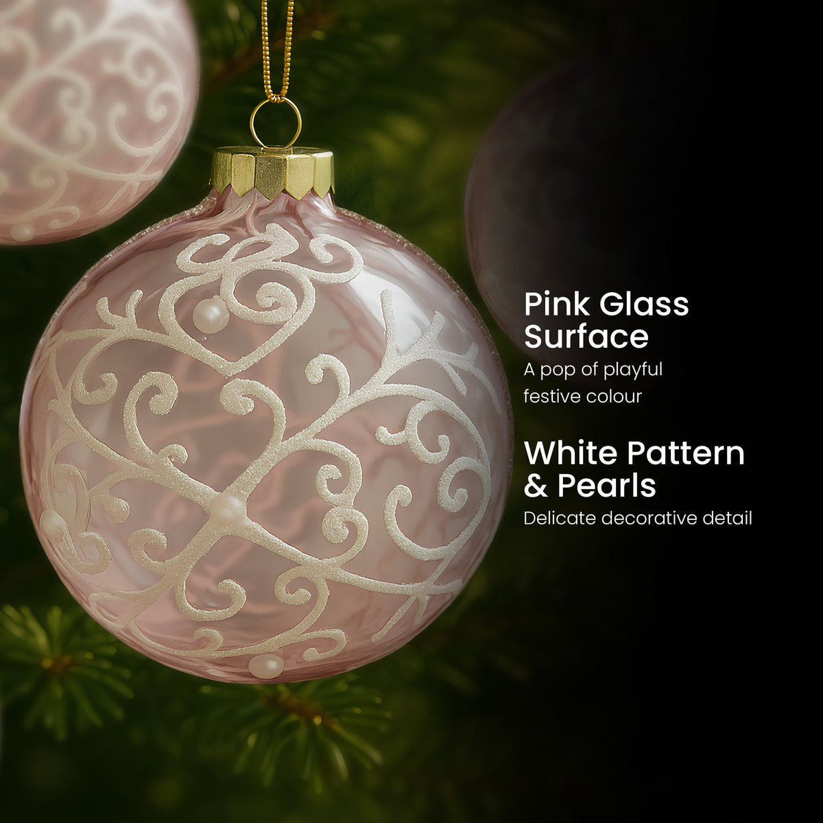 Christabelle Pink Glass Baubles 6Pcs with White Pattern & Pearls Balls Christmas Tree Decoration Ornament