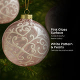 Christabelle Pink Glass Baubles 6Pcs with White Pattern & Pearls Balls Christmas Tree Decoration Ornament