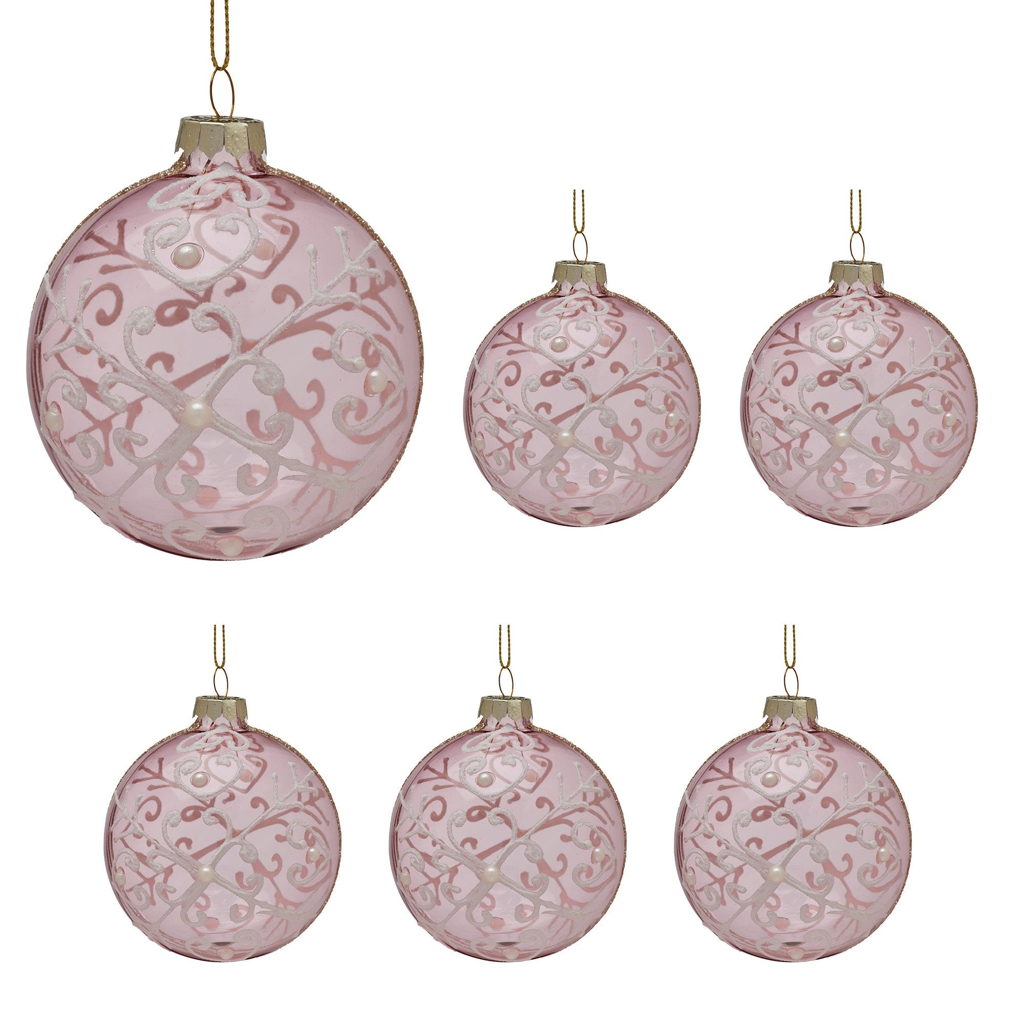 Christabelle Pink Glass Baubles 6Pcs with White Pattern & Pearls Balls Christmas Tree Decoration Ornament