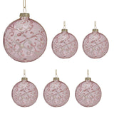 Christabelle Pink Glass Baubles 6Pcs with White Pattern & Pearls Balls Christmas Tree Decoration Ornament
