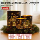 Christabelle Christmas Candle Jar Set of 3 Black and Gold Holiday Candle Holders