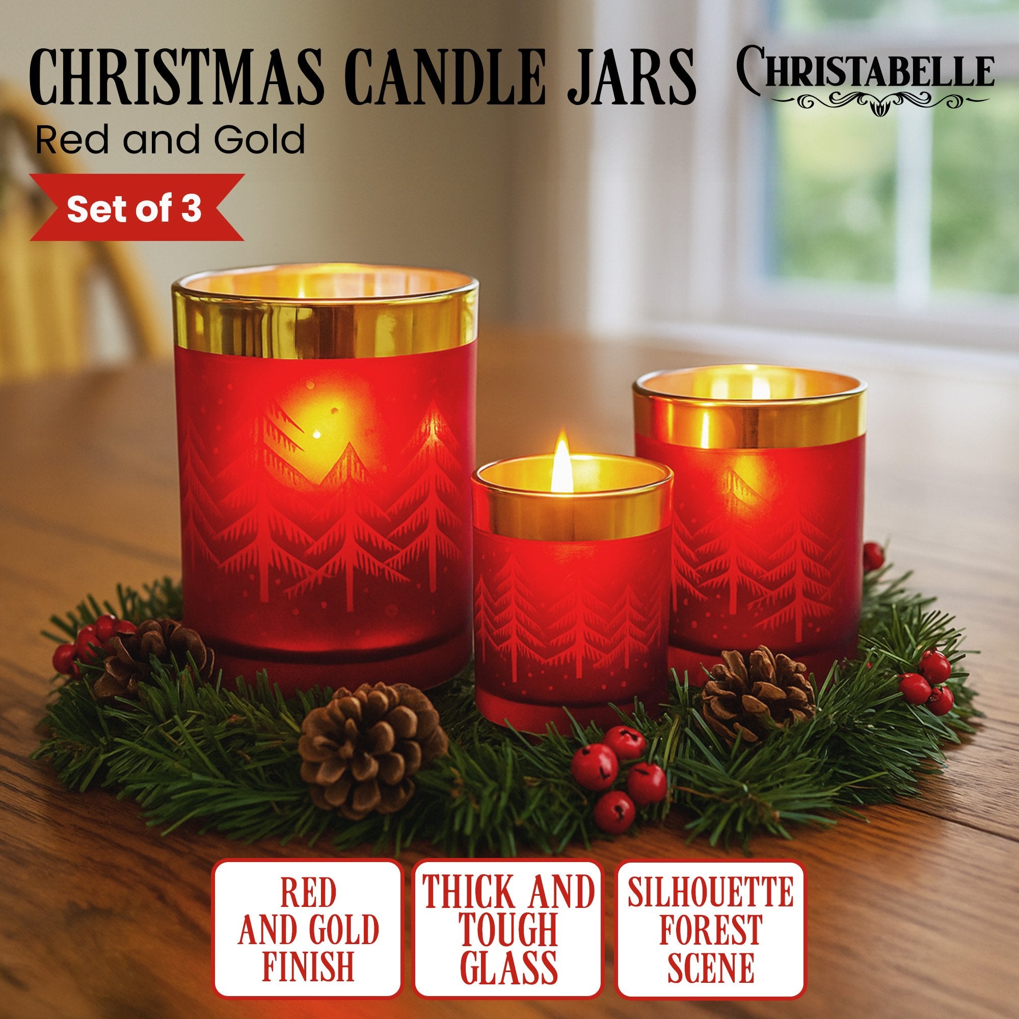 Christabelle Christmas Candle Jar Set of 3 Red and Gold Holiday Candle Holders