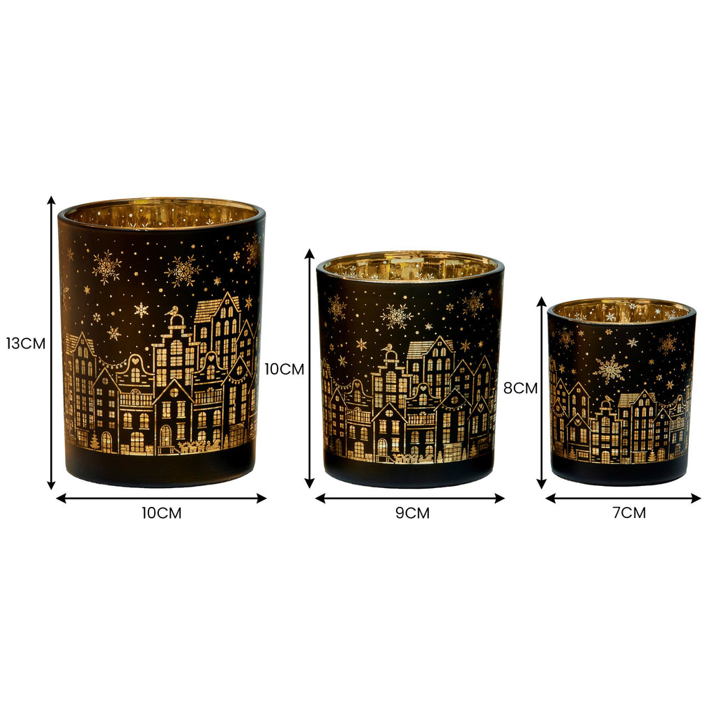 Christabelle Christmas Candle Jar Set of 3 Black and Gold Holiday Candle Holders