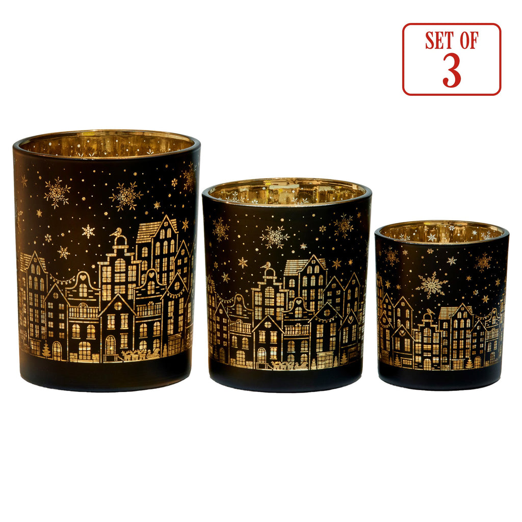 Christabelle Christmas Candle Jar Set of 3 Black and Gold Holiday Candle Holders