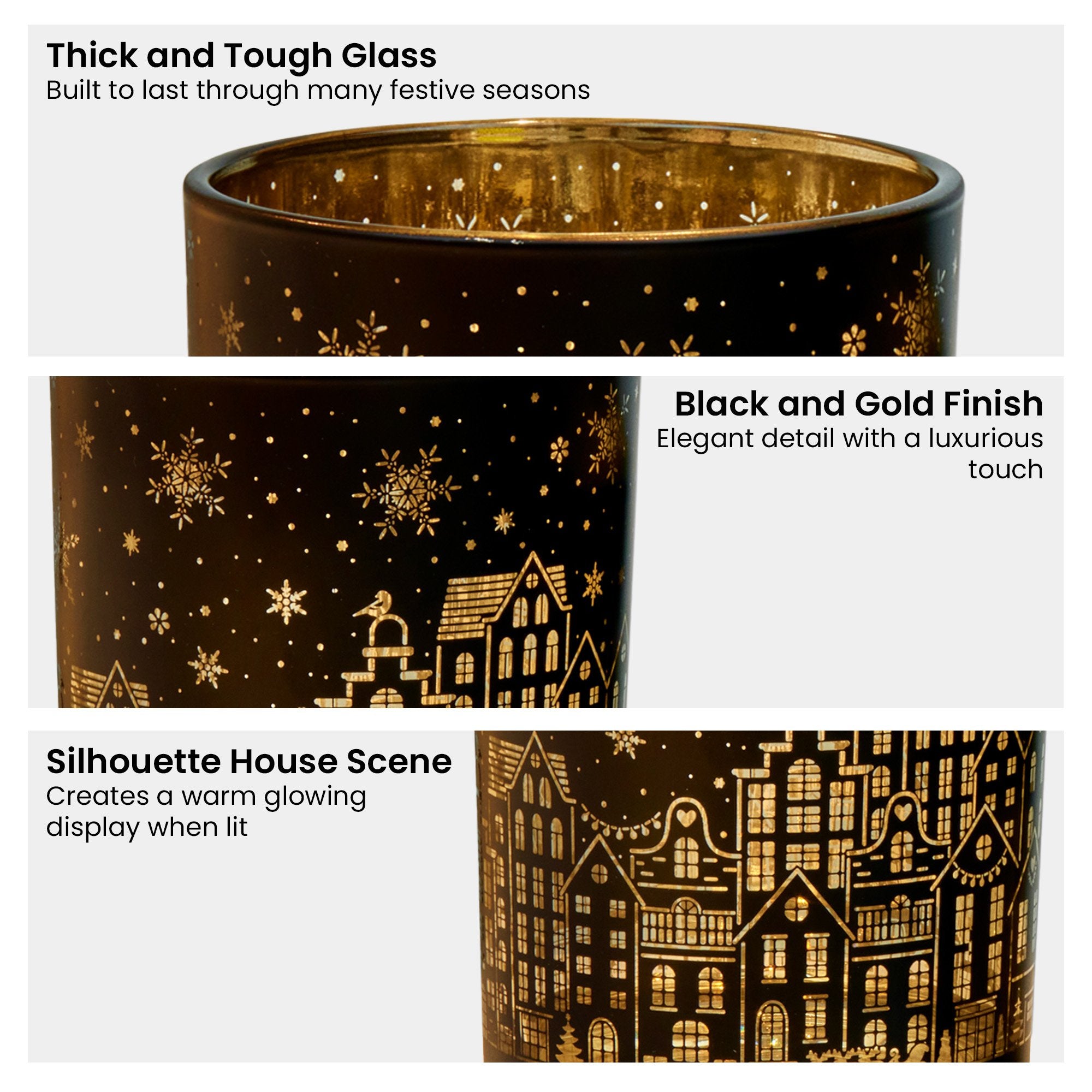 Christabelle Christmas Candle Jar Set of 3 Black and Gold Holiday Candle Holders