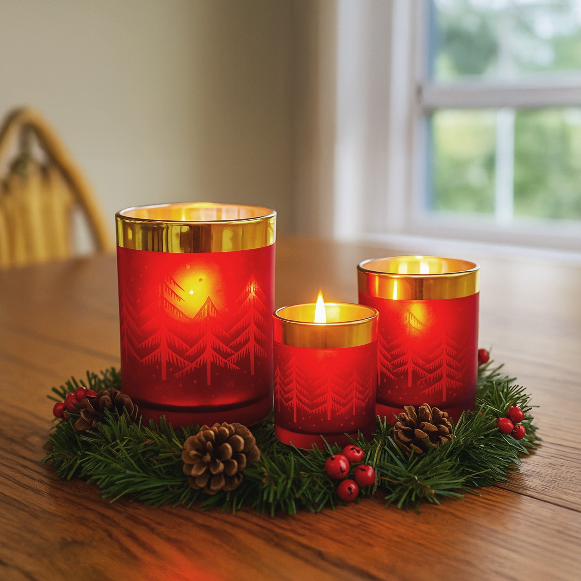 Christabelle Christmas Candle Jar Set of 3 Red and Gold Holiday Candle Holders