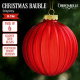 Christabelle Glossy Red Glass Baubles 6Pcs with Textured Stripe Pattern Balls Christmas Tree Decoration Ornament