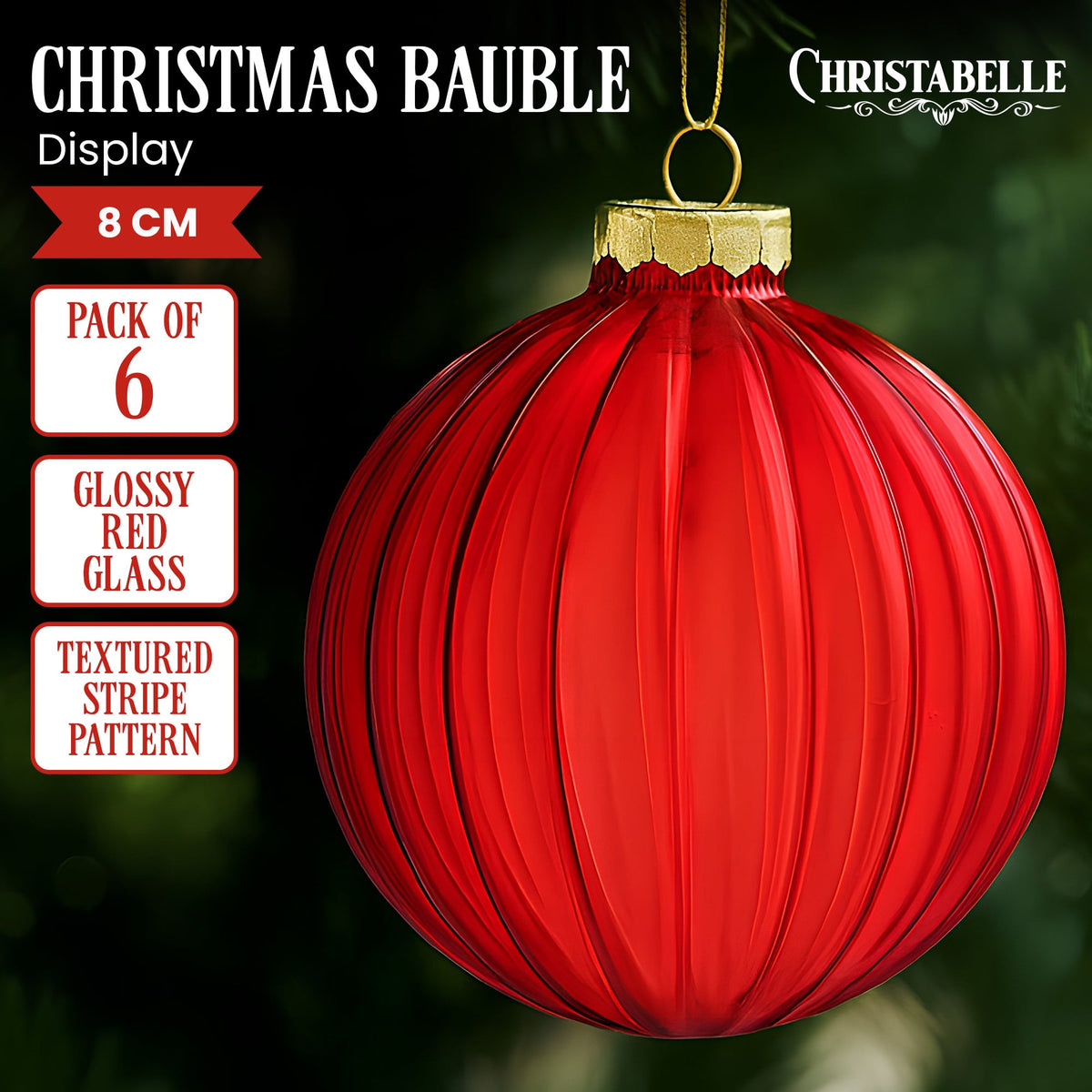 Christabelle Glossy Red Glass Baubles 6Pcs with Textured Stripe Pattern Balls Christmas Tree Decoration Ornament