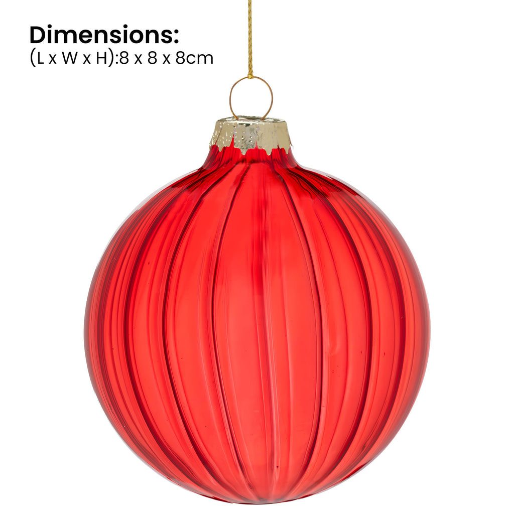 Christabelle Glossy Red Glass Baubles 6Pcs with Textured Stripe Pattern Balls Christmas Tree Decoration Ornament