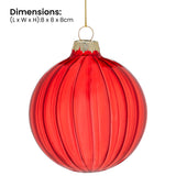 Christabelle Glossy Red Glass Baubles 6Pcs with Textured Stripe Pattern Balls Christmas Tree Decoration Ornament